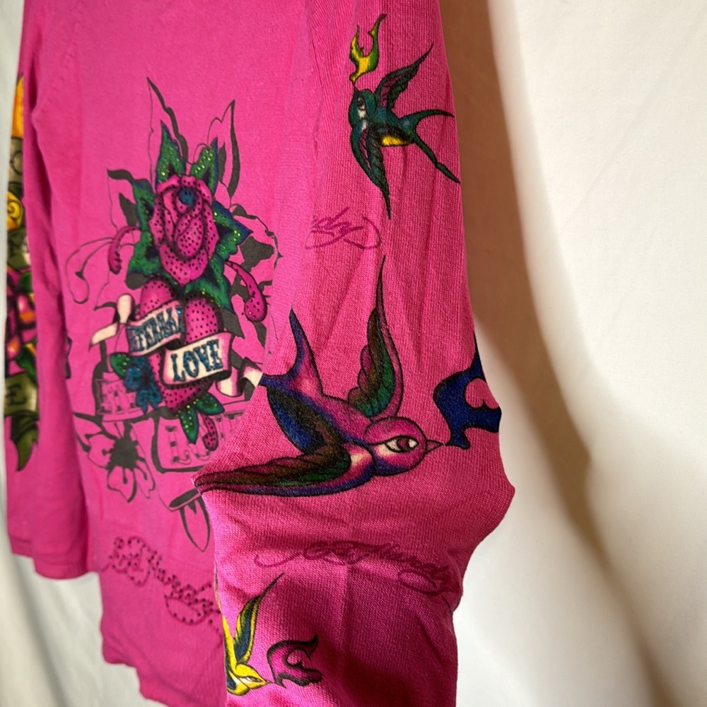 💖Eternal Love by Ed Hardy pink long sleeve hooded knit sweater Sz Small - Picture 14 of 15